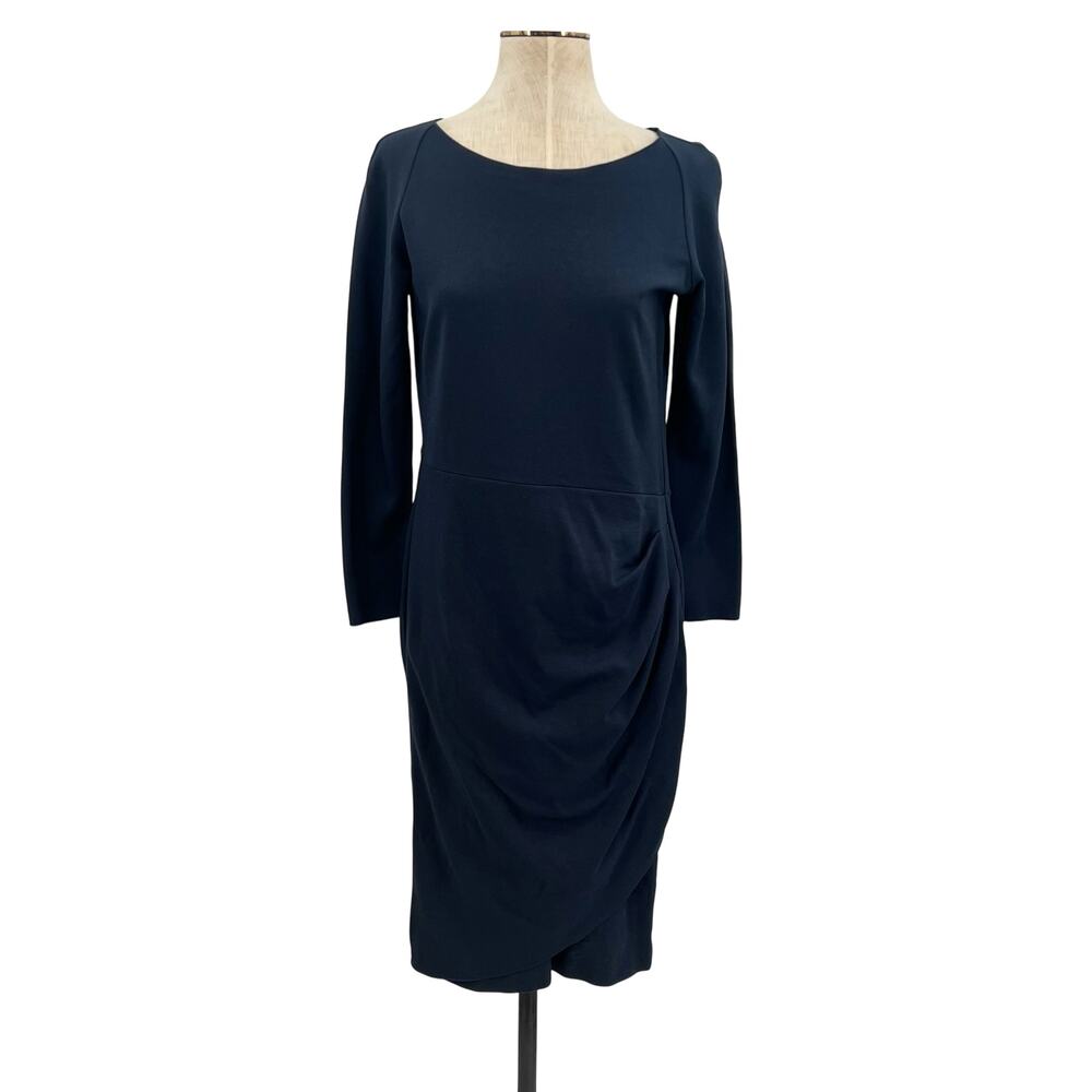 Armani Collezioni Draped Sheath Dress Classic Long Sleeve Navy Blue Size 10